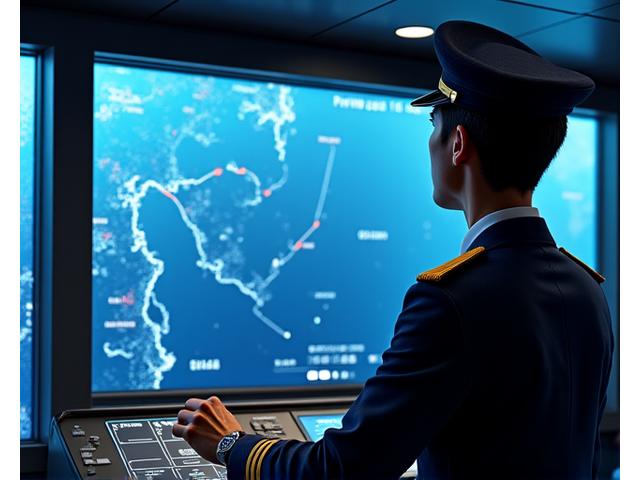 大型コンテナ船が最新の電子海図ディスプレイを背景に航行している様子。