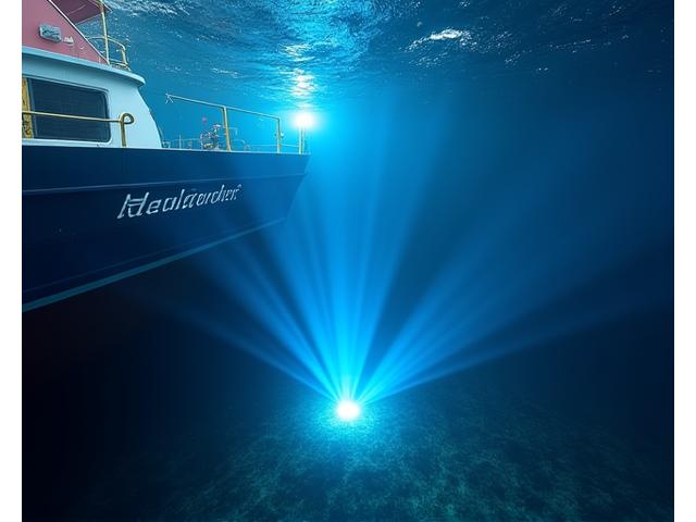 測量船がマルチビームソナーを海中に展開し、海底をスキャンしている様子。